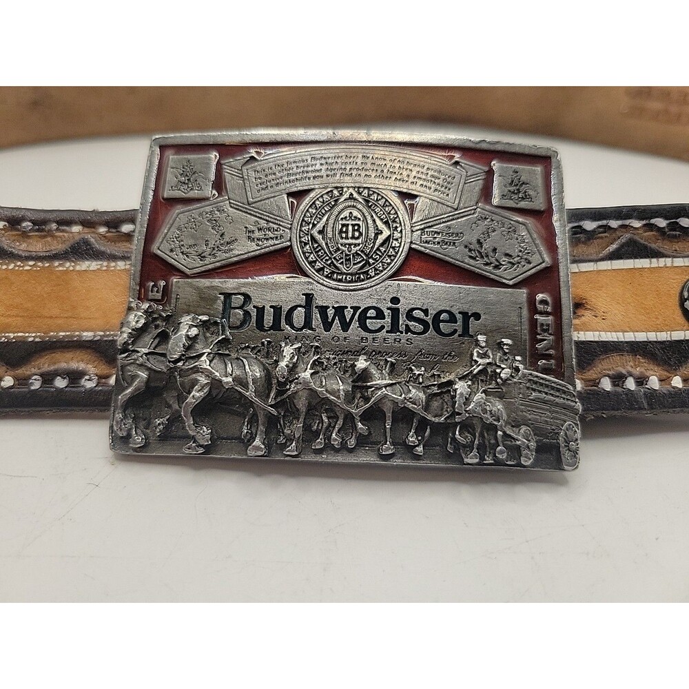 Vintage Budweiser Clydesdales Belt Bucket Silver Tone Americana Leather Belt 36